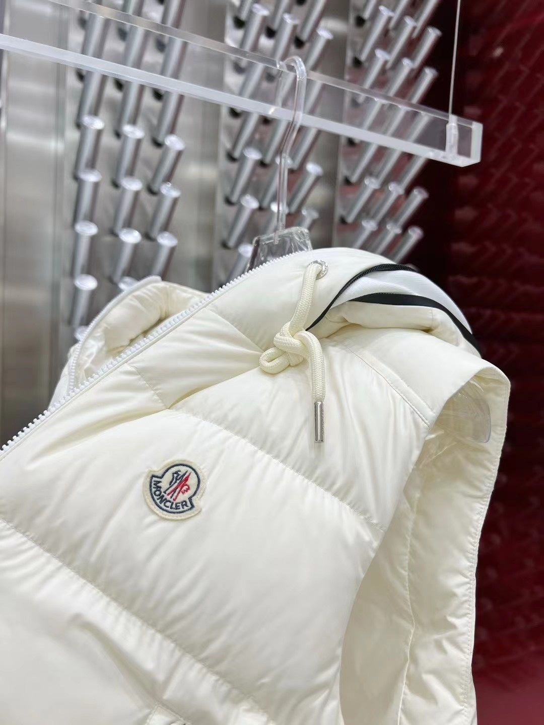 Moncler Hooded Puffer Vest in White with Black Trim