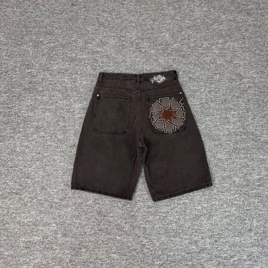 derschutze American heavy-duty embroidered denim shorts, unisex high street style, loose straight leg, five-point pants