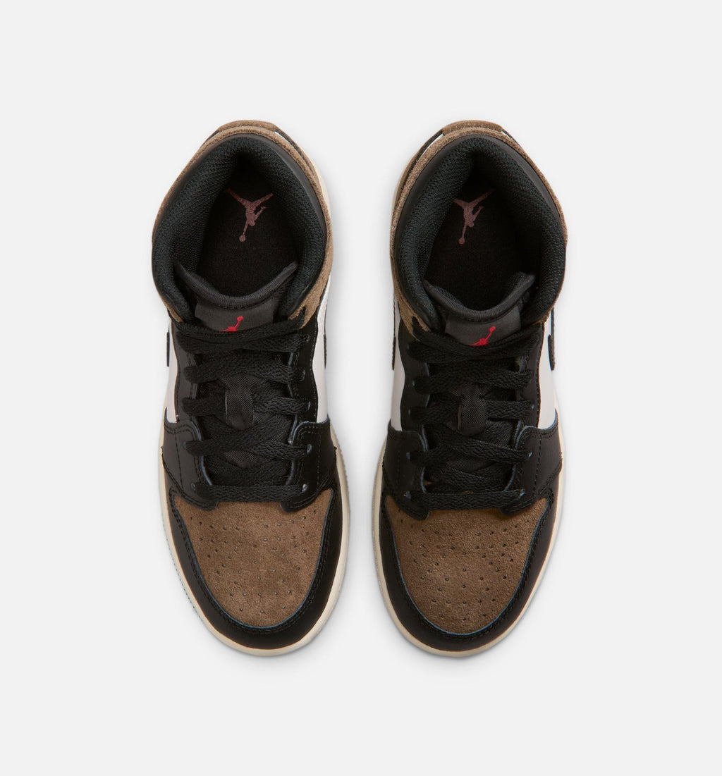 Air Jordan 1 Mid Grade School Sneakers - Black / Phantom / Light Brown / University Red