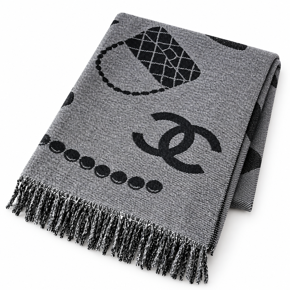 Chanel Style Jewelry Motif Fringe Scarf