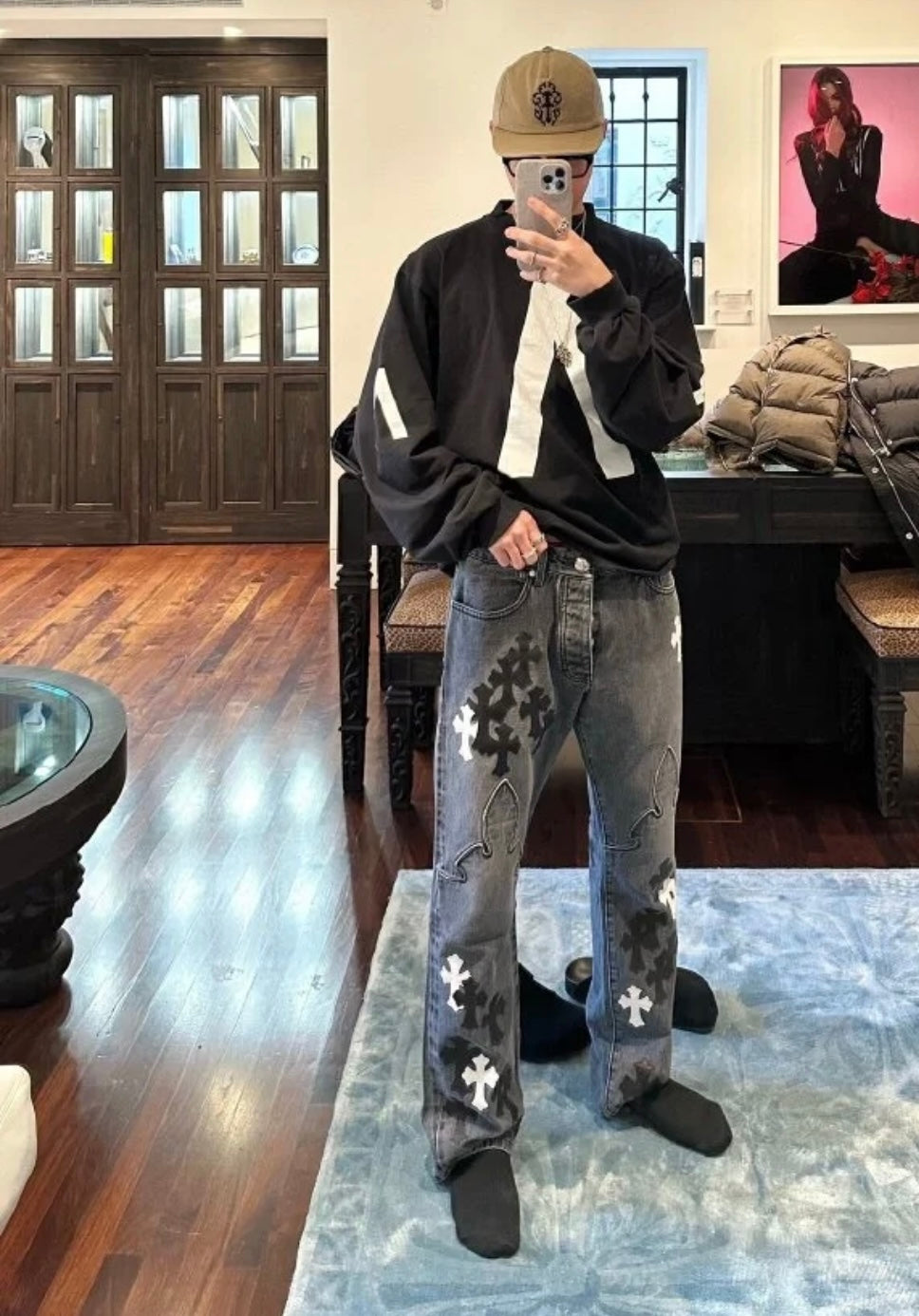 Chrome Hearts Black & White Cross Patch Flame Knee Jeans