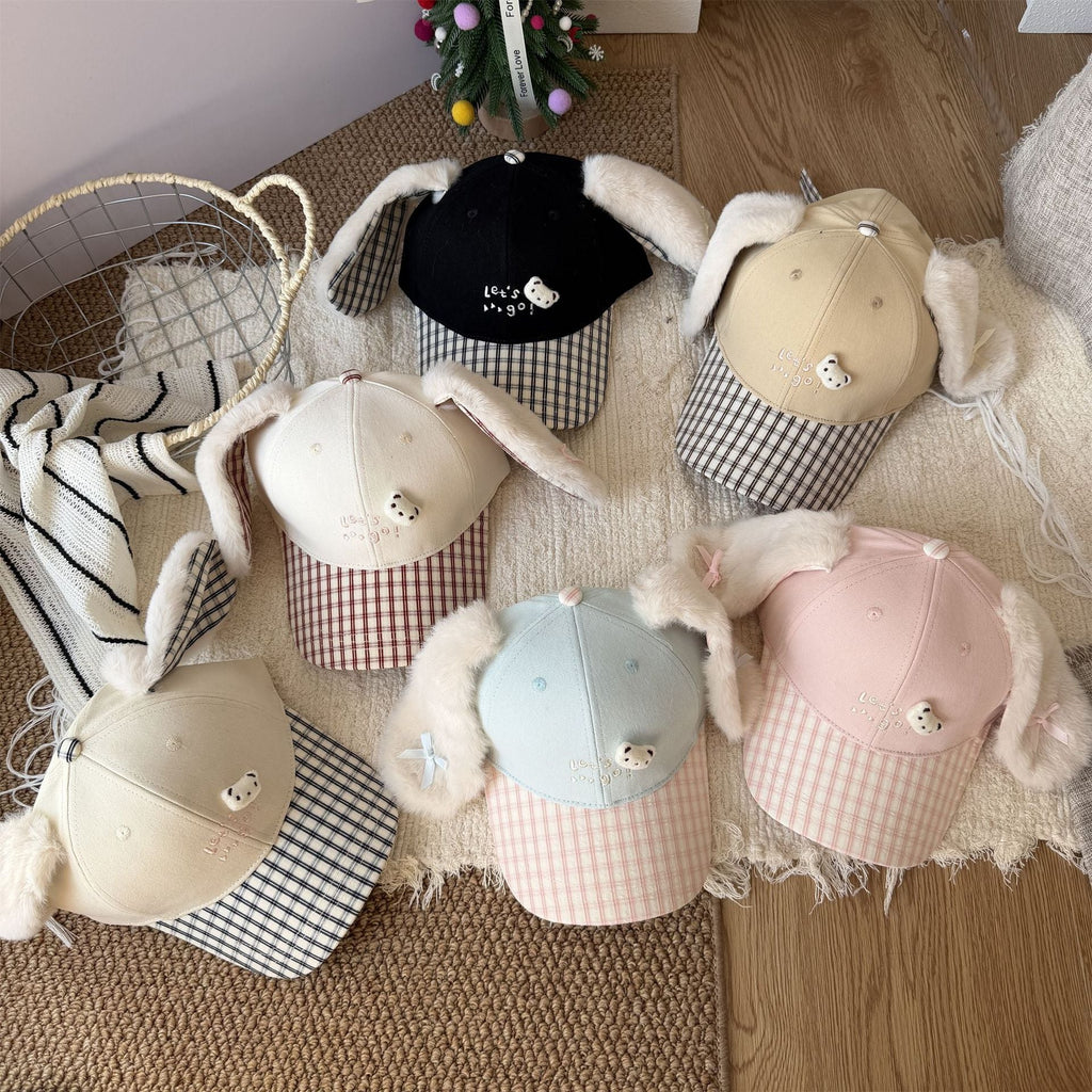 Cute Fluffy Bunny Ear Reversible Plaid Baseball Cap For Girls