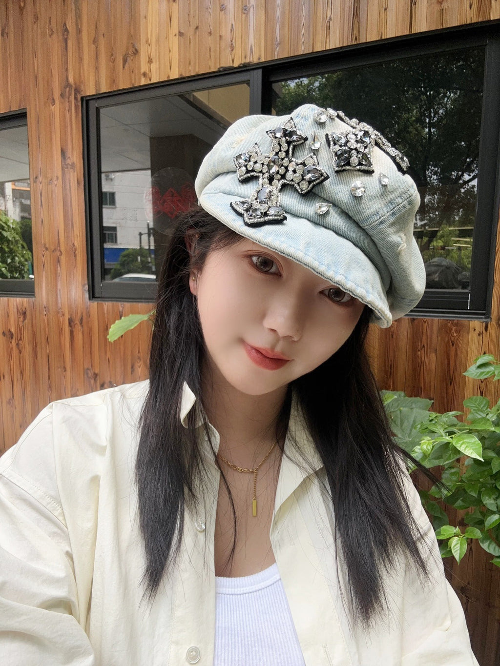 Rhinestone Cross Denim Octagonal Beret Vintage Y2K Women Newsboy Cap