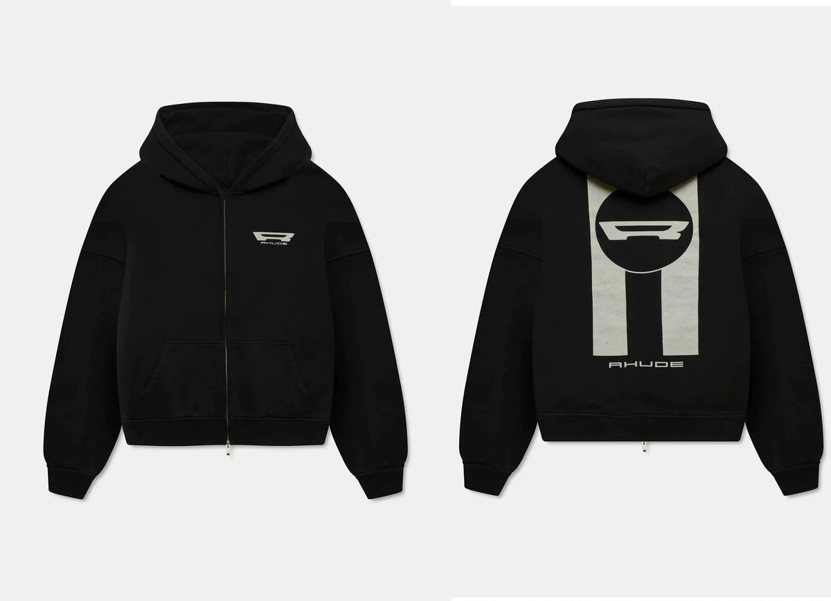 RHUDE Racing R Logo Full‑Zip Hoodie Black