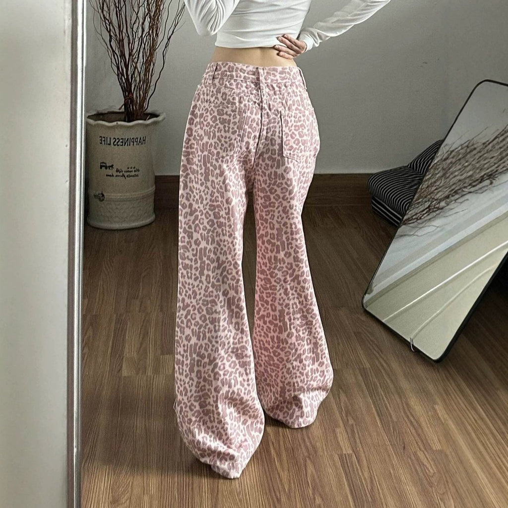 Pink Leopard Print High Waist Wide Leg Baggy Denim Trousers