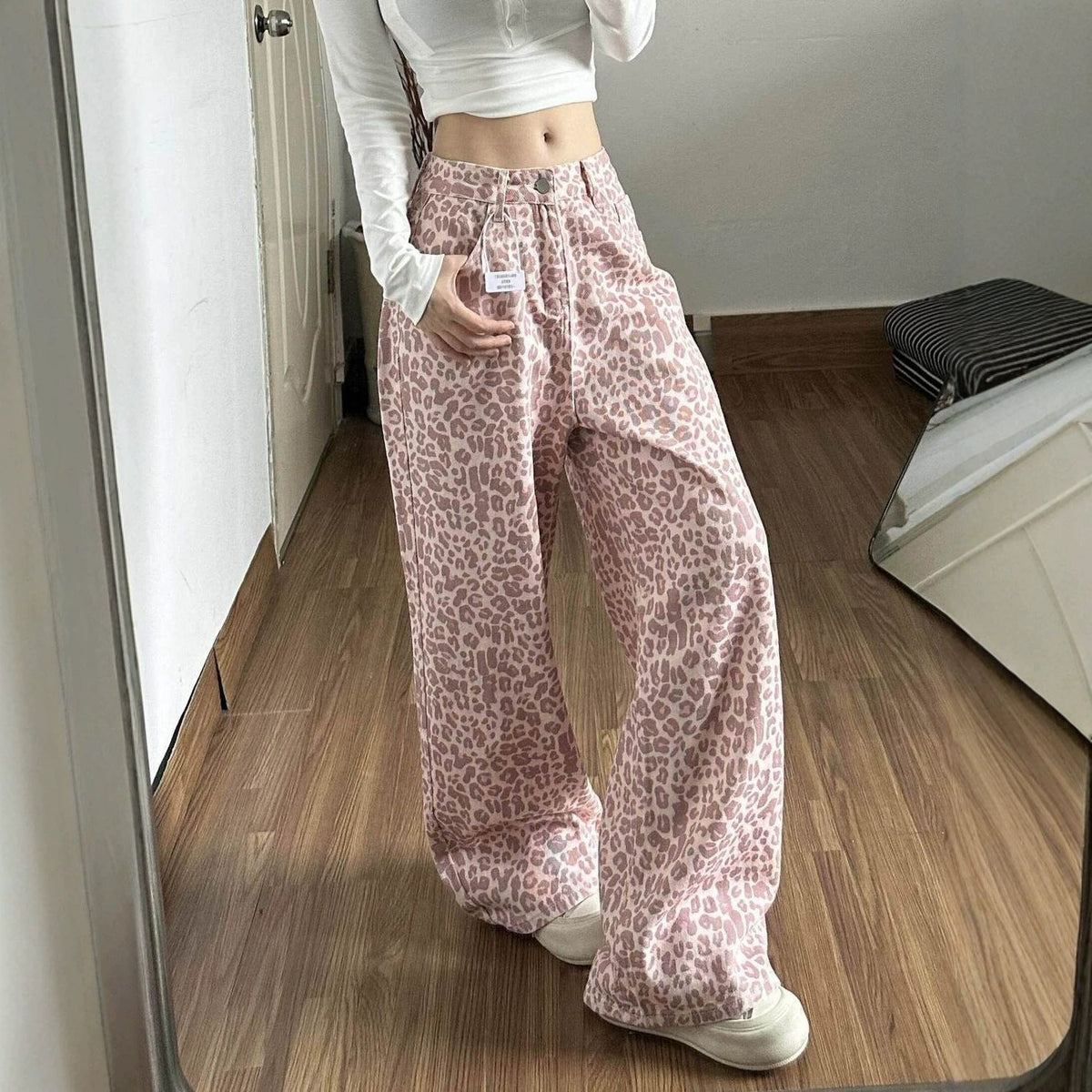 Pink Leopard Print High Waist Wide Leg Baggy Denim Trousers