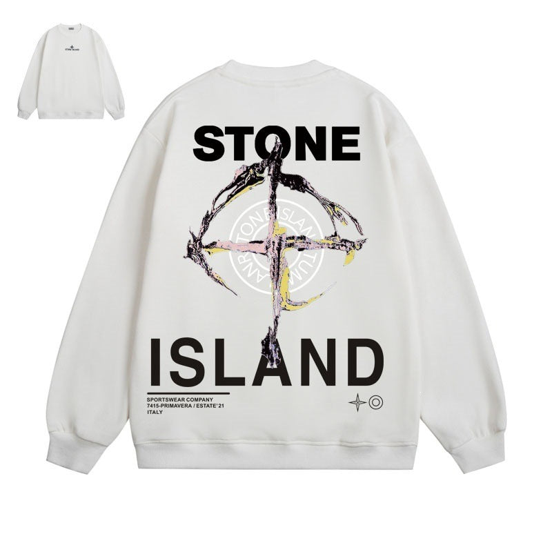 Stone Island Compass Print Crewneck Sweatshirt Men Winter Fleece Top