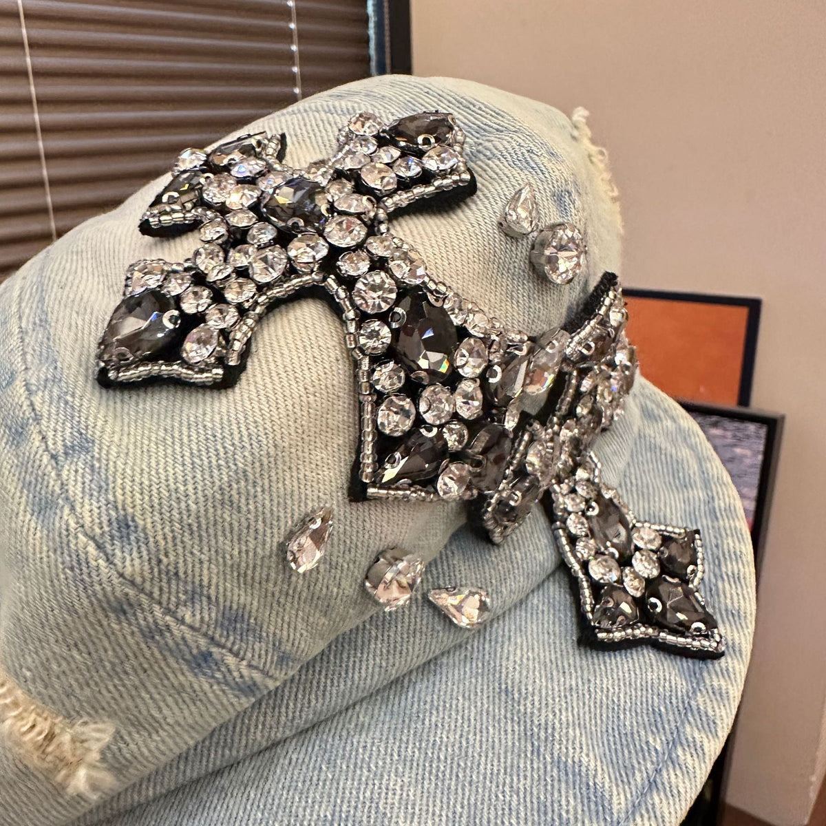 Rhinestone Cross Denim Octagonal Beret Vintage Y2K Women Newsboy Cap