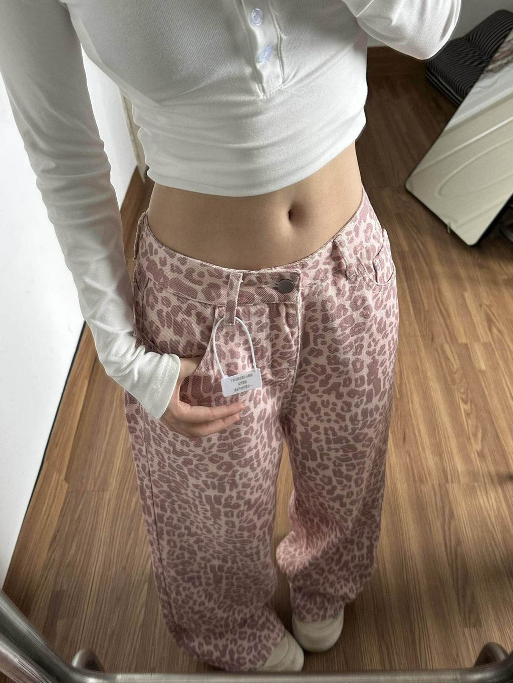 Pink Leopard Print High Waist Wide Leg Baggy Denim Trousers