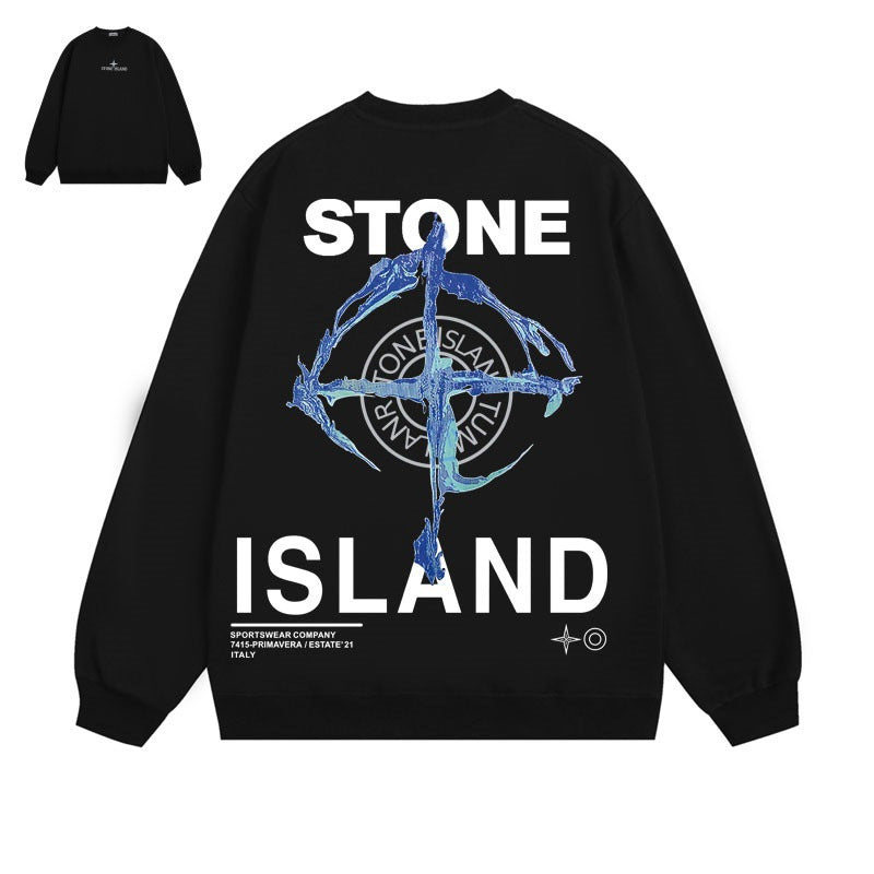 Stone Island Compass Print Crewneck Sweatshirt Men Winter Fleece Top