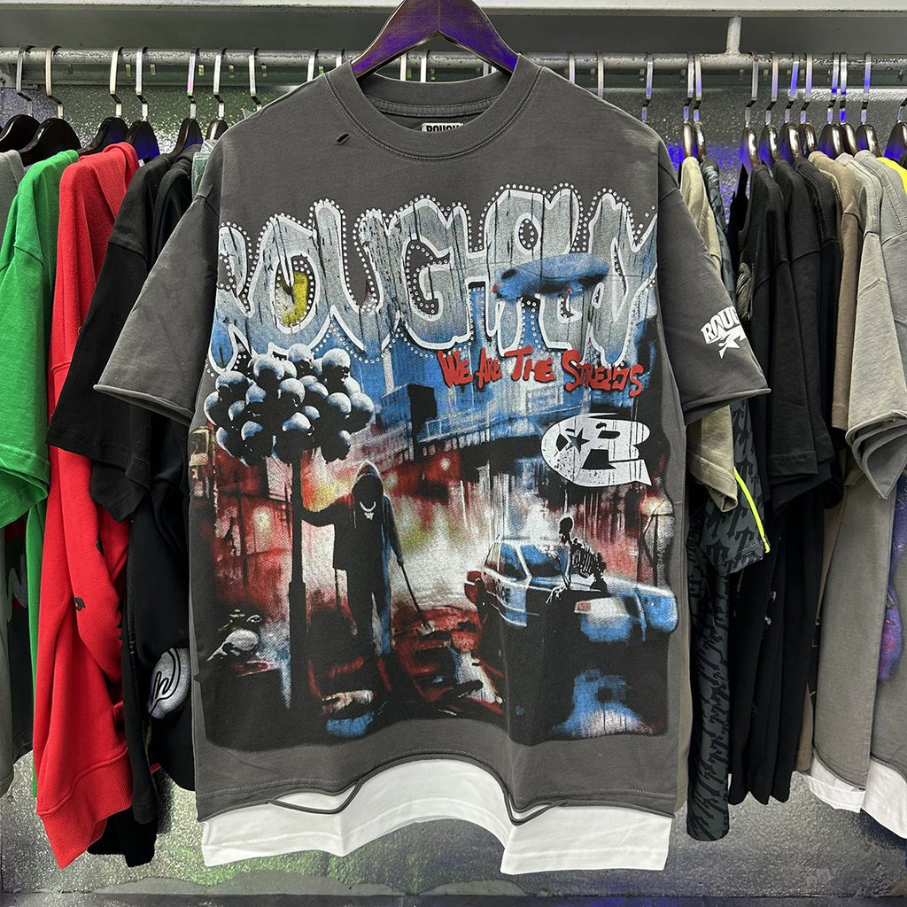 Rough Play Dark Gray Skull City Graphic T-Shirt
