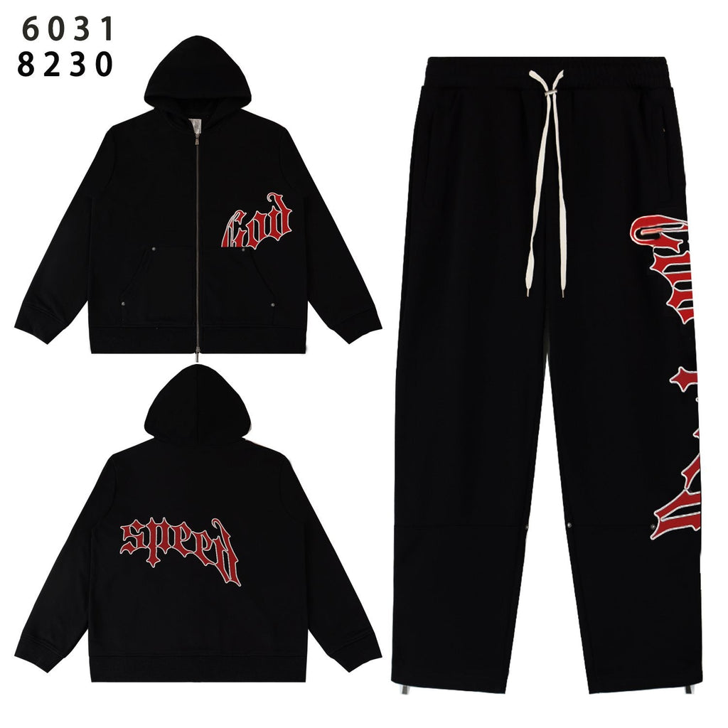 Godspeed Red Gothic Print Zip Hoodie Tracksuit Set