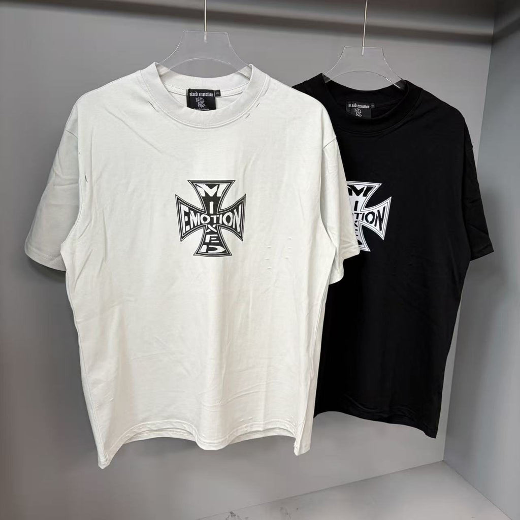 MIXED EMOTION Cross Graphic Distressed T-Shirt
