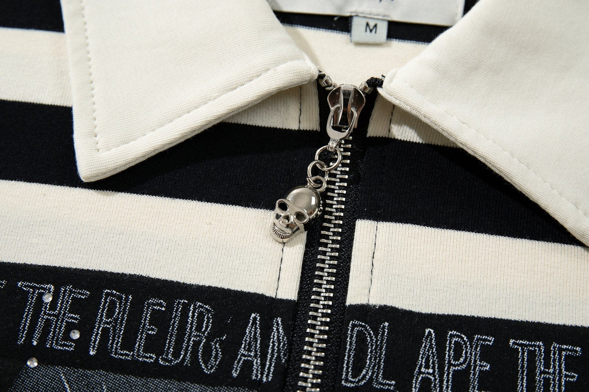 MAJESTIK Skull Graphic Striped Zip-Collar T-Shirt