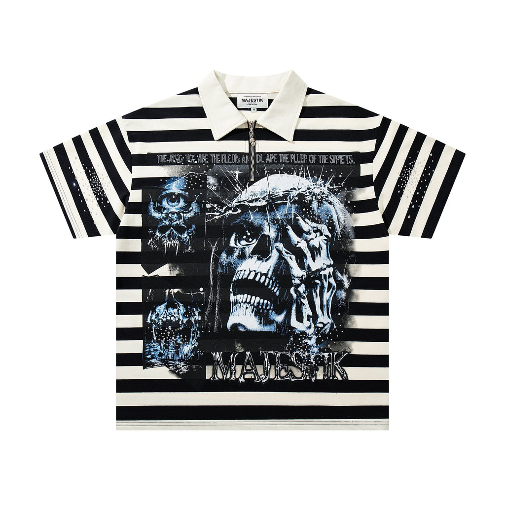 MAJESTIK Skull Graphic Striped Zip-Collar T-Shirt