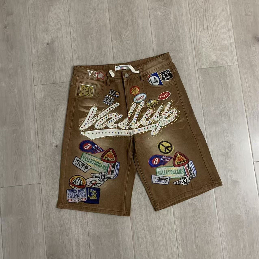VALE 1980s Patch Rhinestone Denim Shorts