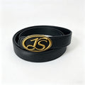Vintage Leather Belt Oval Antique Gold JS Logo Buckle Women Waist Belt