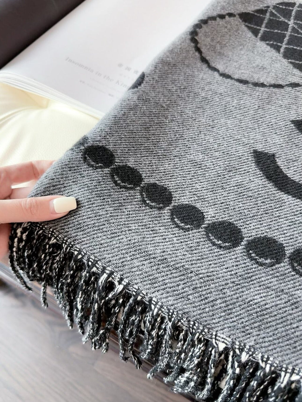 Chanel Style Jewelry Motif Fringe Scarf