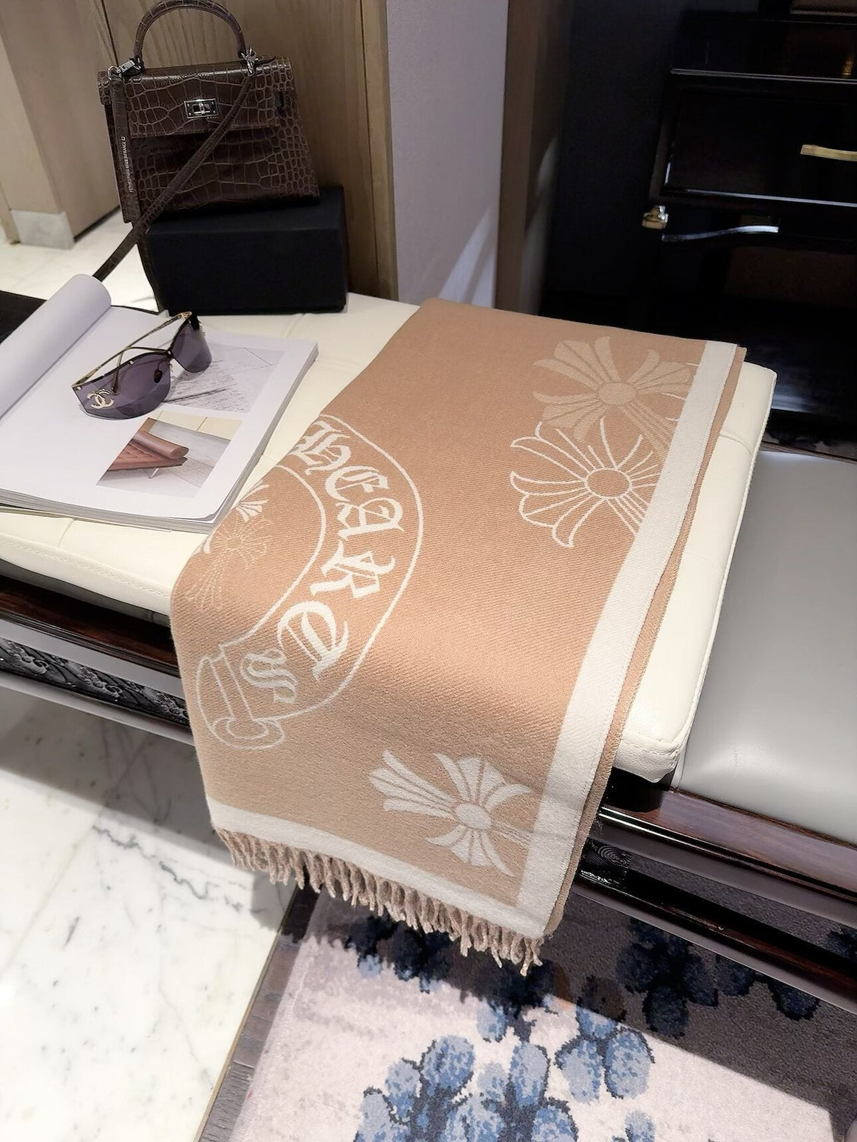 Chrome Hearts Style Cross Emblem Fringe Scarf