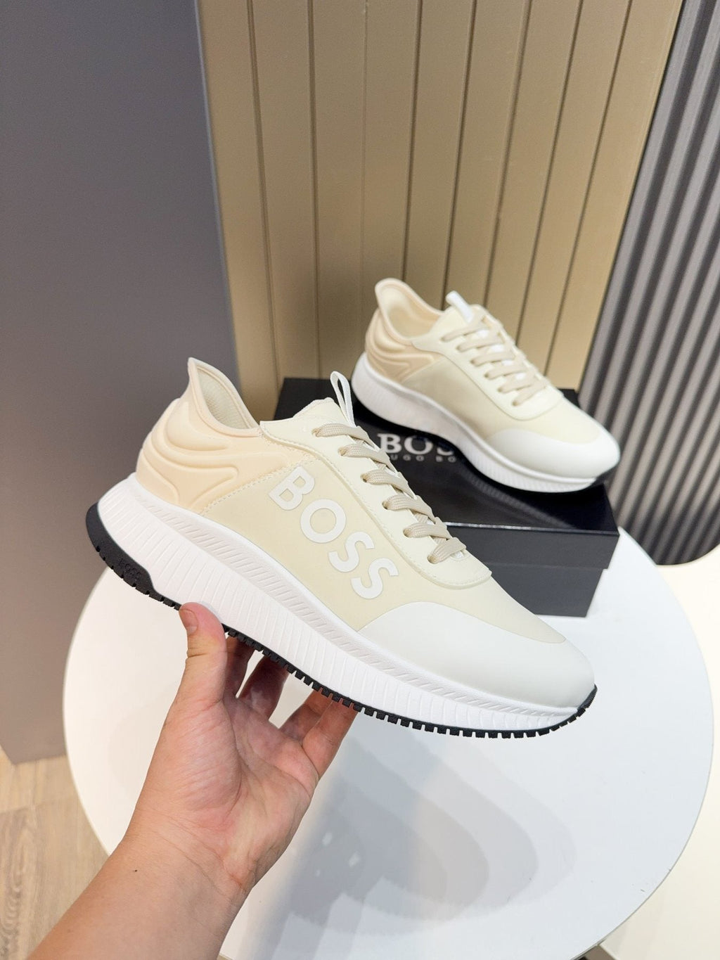Hugo Boss Cream White Knit Sneakers