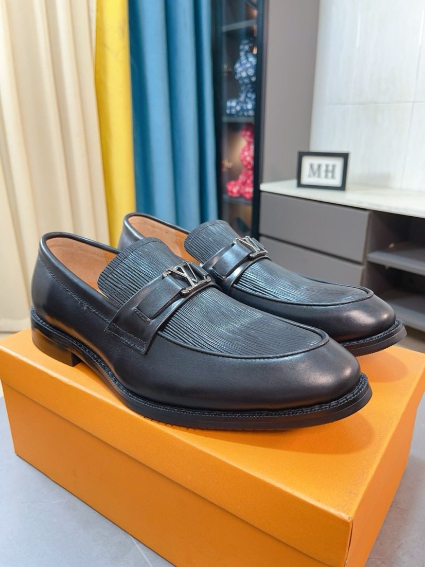 Louis Vuitton Men's Black Textured Buckle Loafers - Rounded Toe And Dark Sole