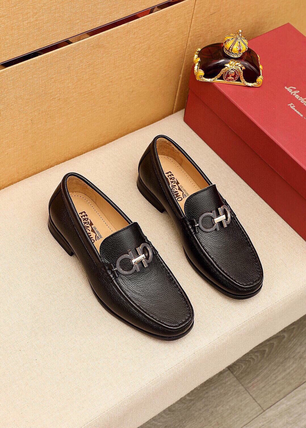 Ferragamo Black Textured Buckle Loafers