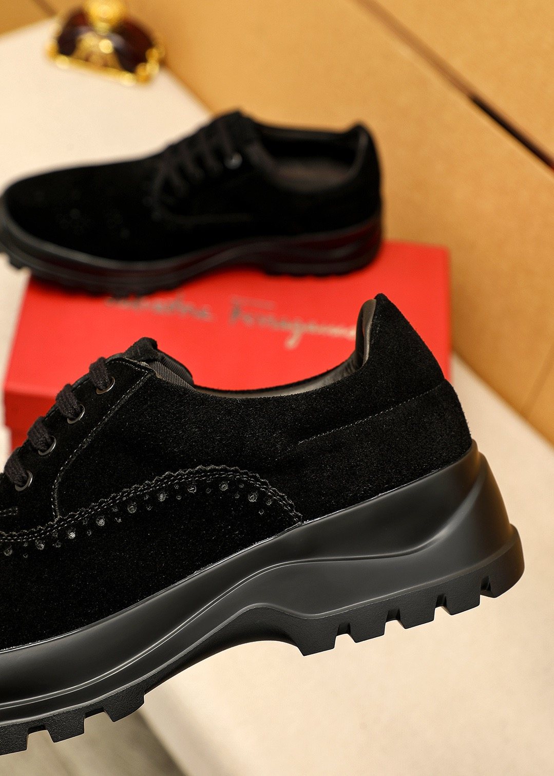 Ferragamo Men's Black Perforated Lace-Up Shoes