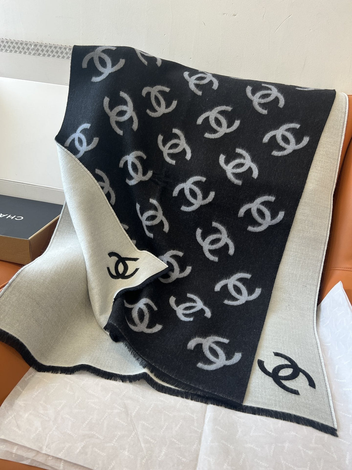 Chanel Reversible Black & Ivory Motif Shawl