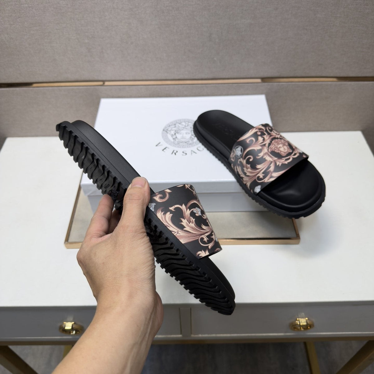 Versace Black Ornamental Strap Slide Sandals