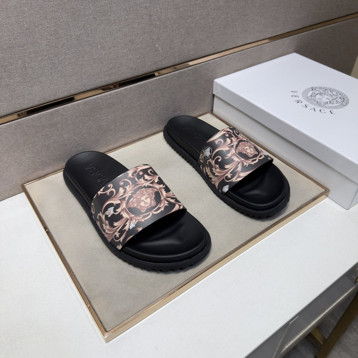 Versace Black Ornamental Strap Slide Sandals