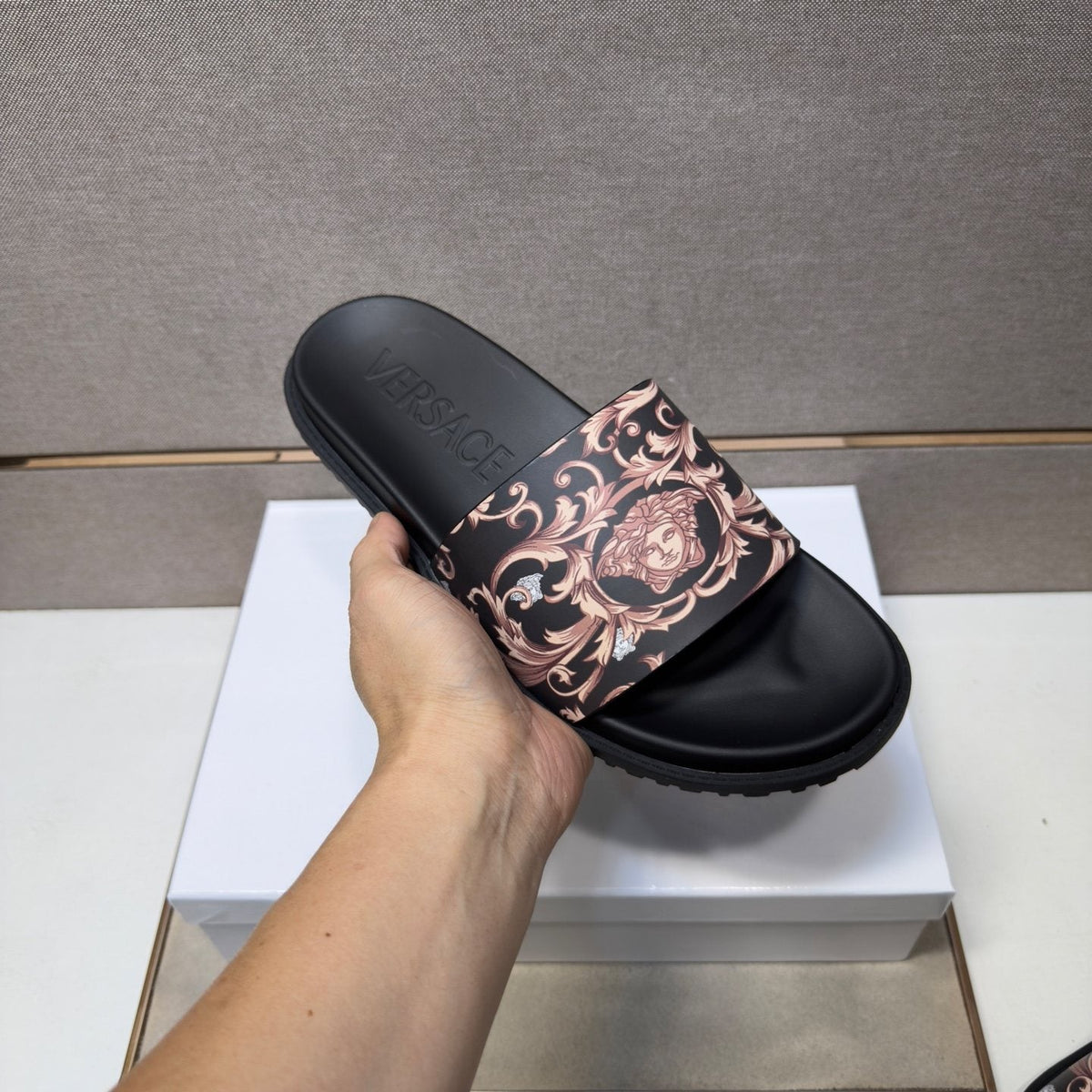 Versace Black Ornamental Strap Slide Sandals