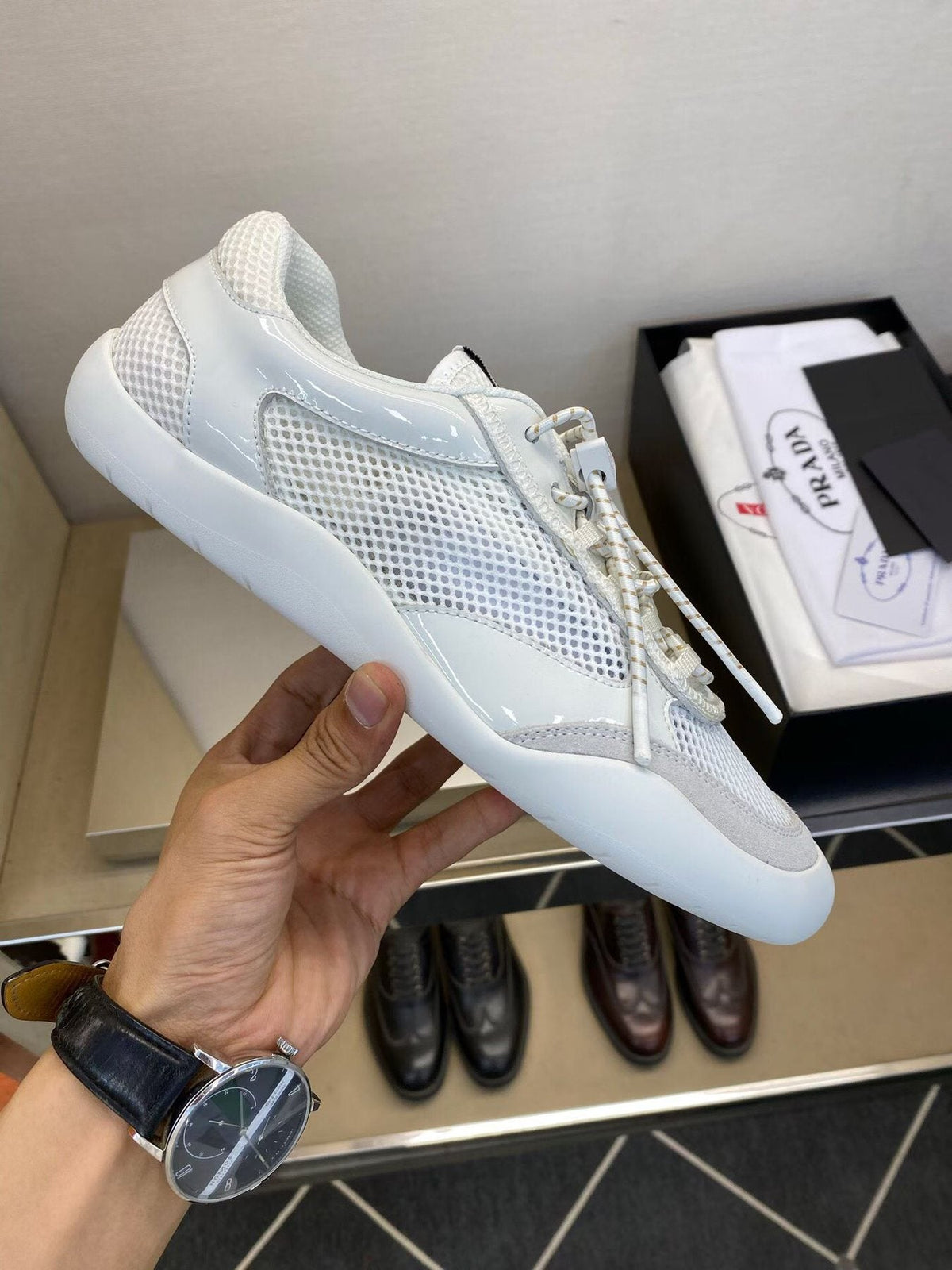 Prada Men's White Mesh Panel Sneakers
