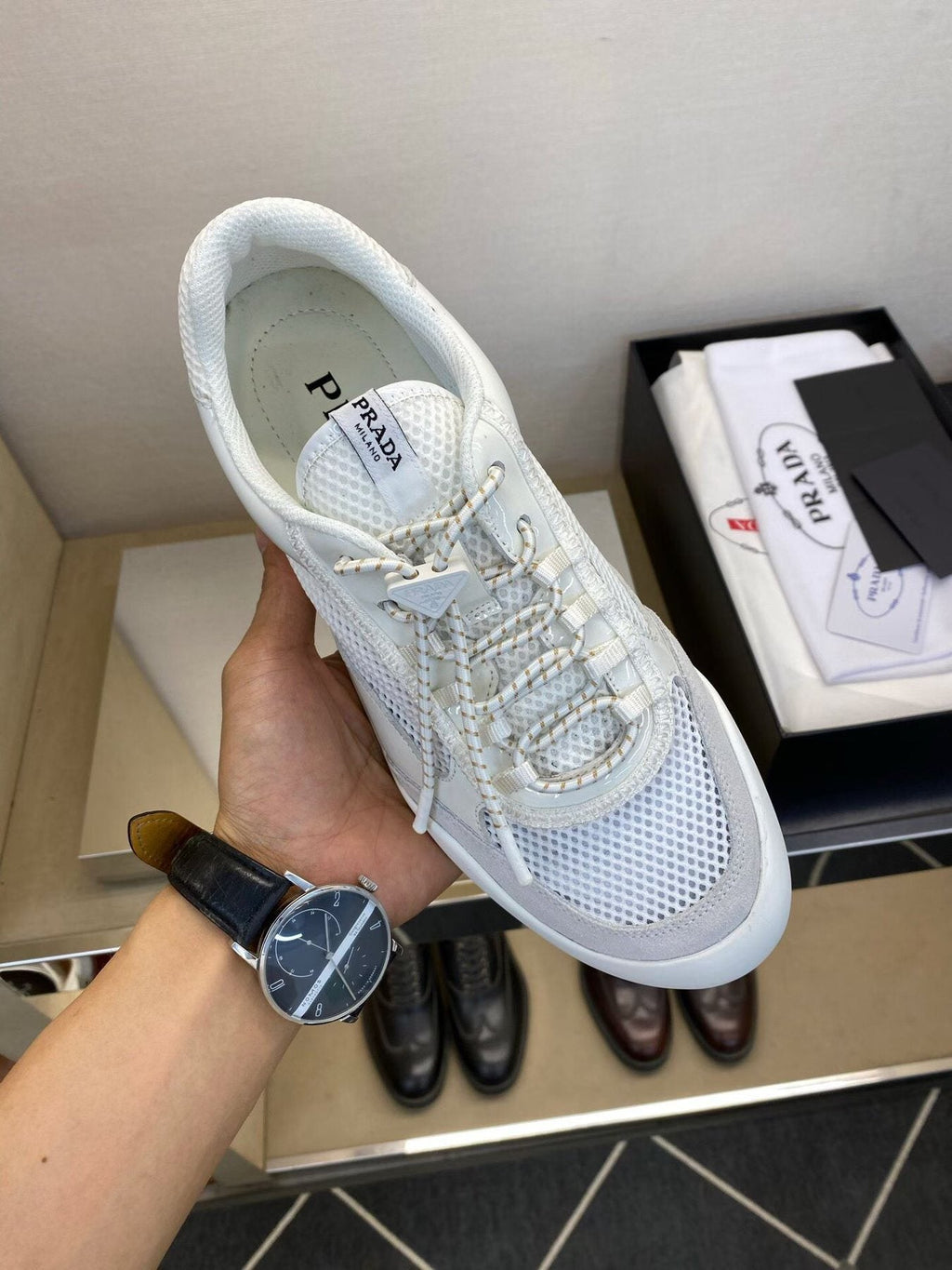 Prada Men's White Mesh Panel Sneakers