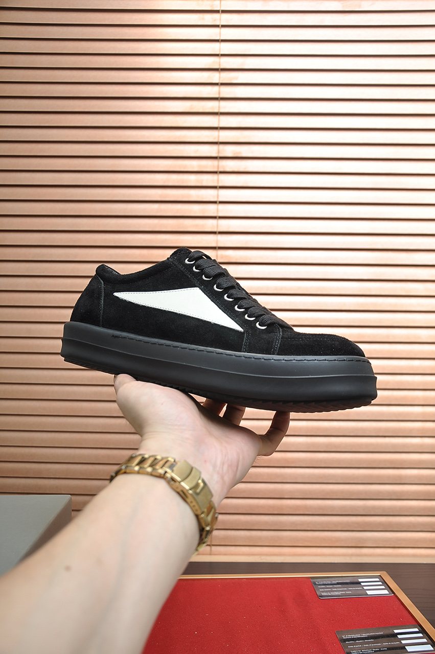 Rick Owens Black Low-Top Sneakers with White Side Panels