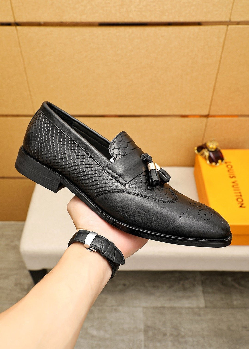 Louis Vuitton Black Textured Tassel Loafers