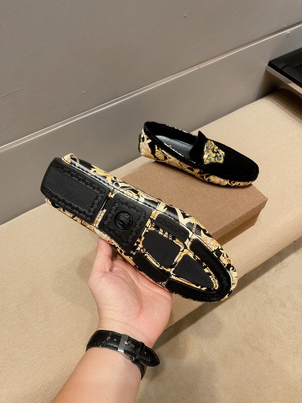 Men's Black Gold Ornamental Slip-On Loafers