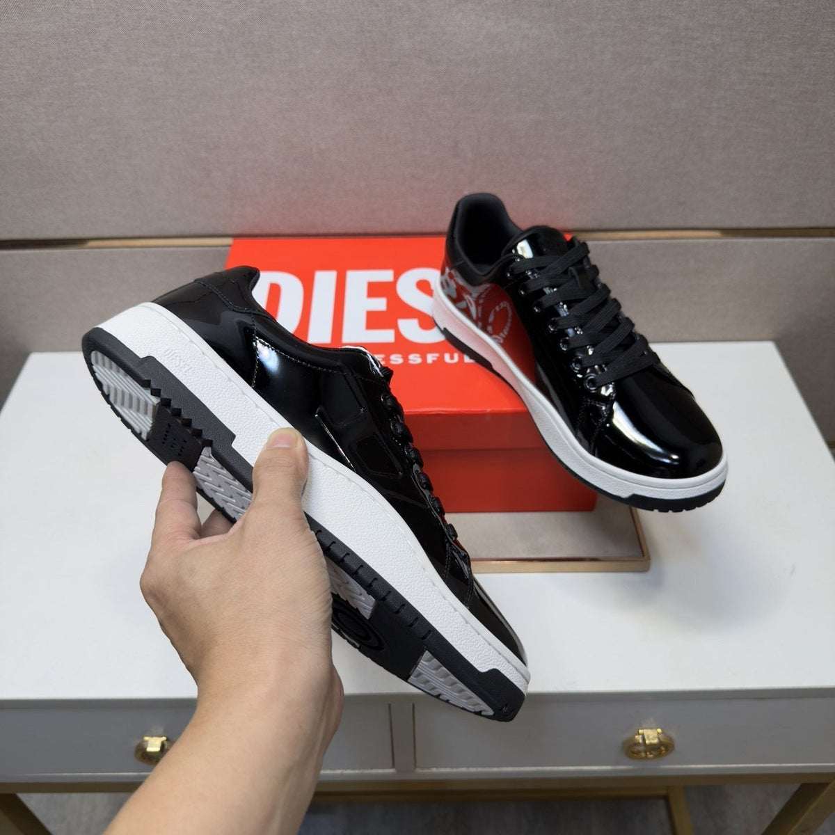 Diesel Men's Glossy Black Low-Top Sneakers