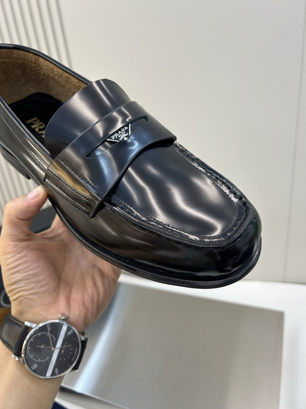 Prada Black Glossy Moc-Toe Loafers