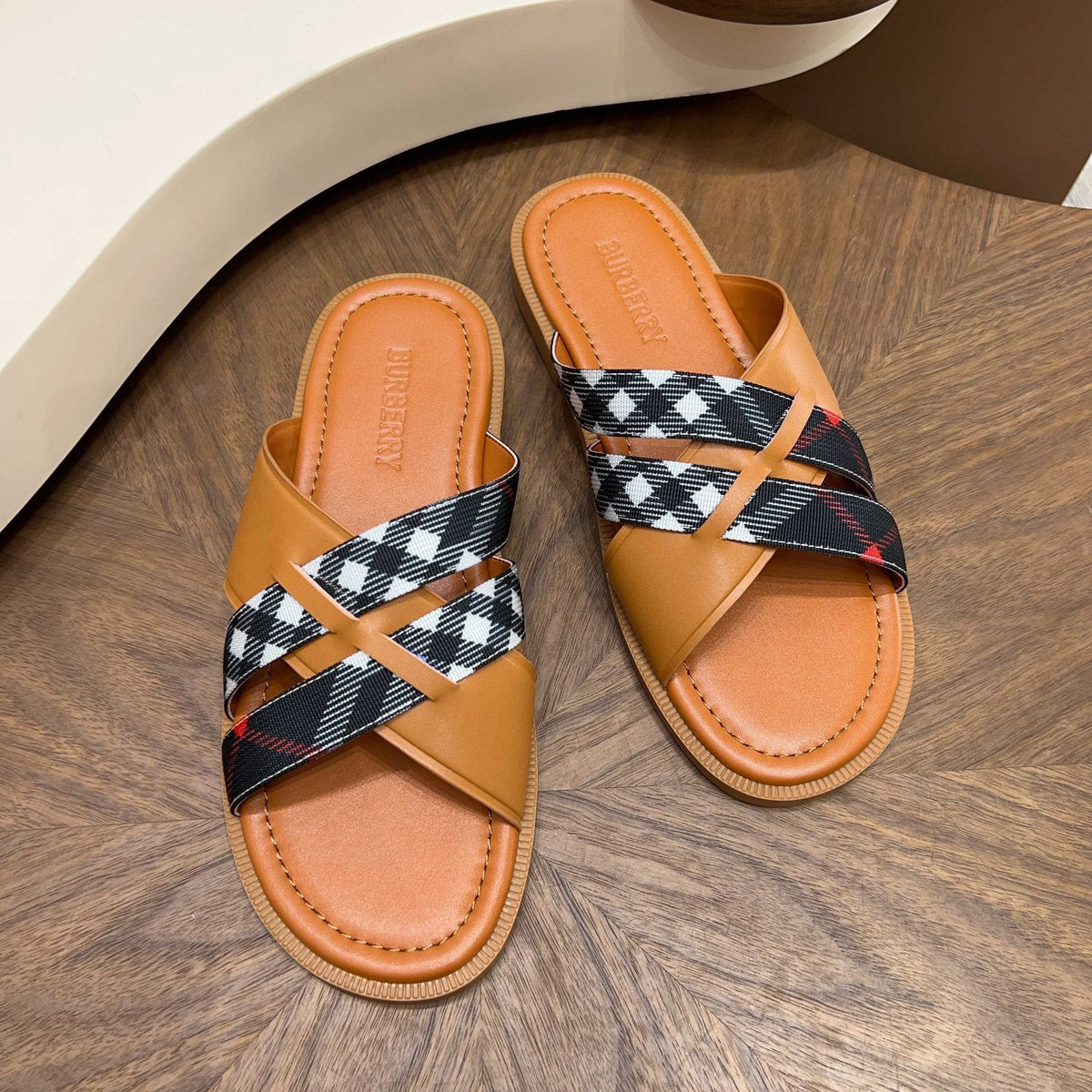 Burberry Plaid Cross-Strap Slide Sandals - Contoured Footbed