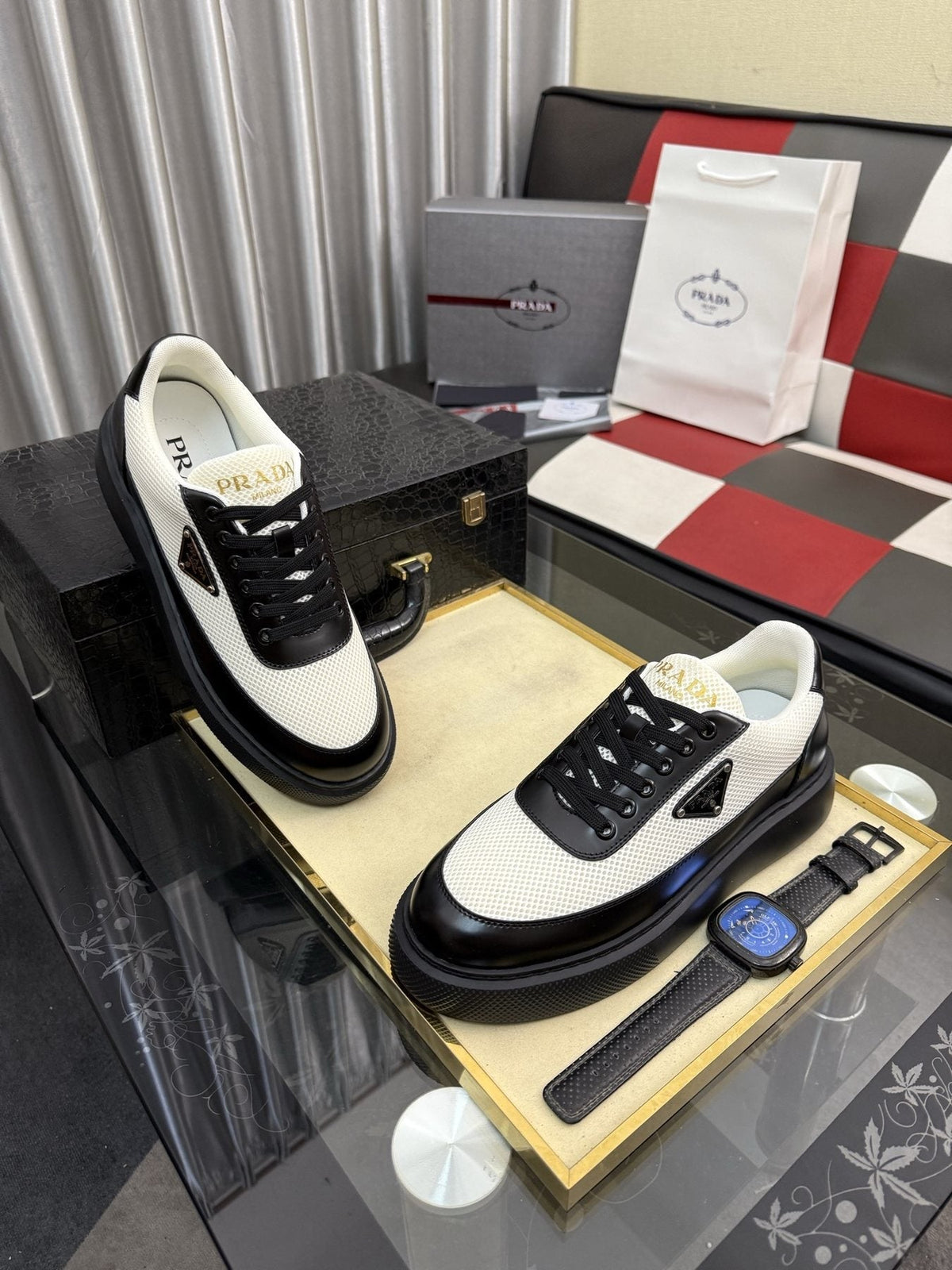 Prada Men's Triangle Badge Low-Top Sneakers - Rubber Outsole