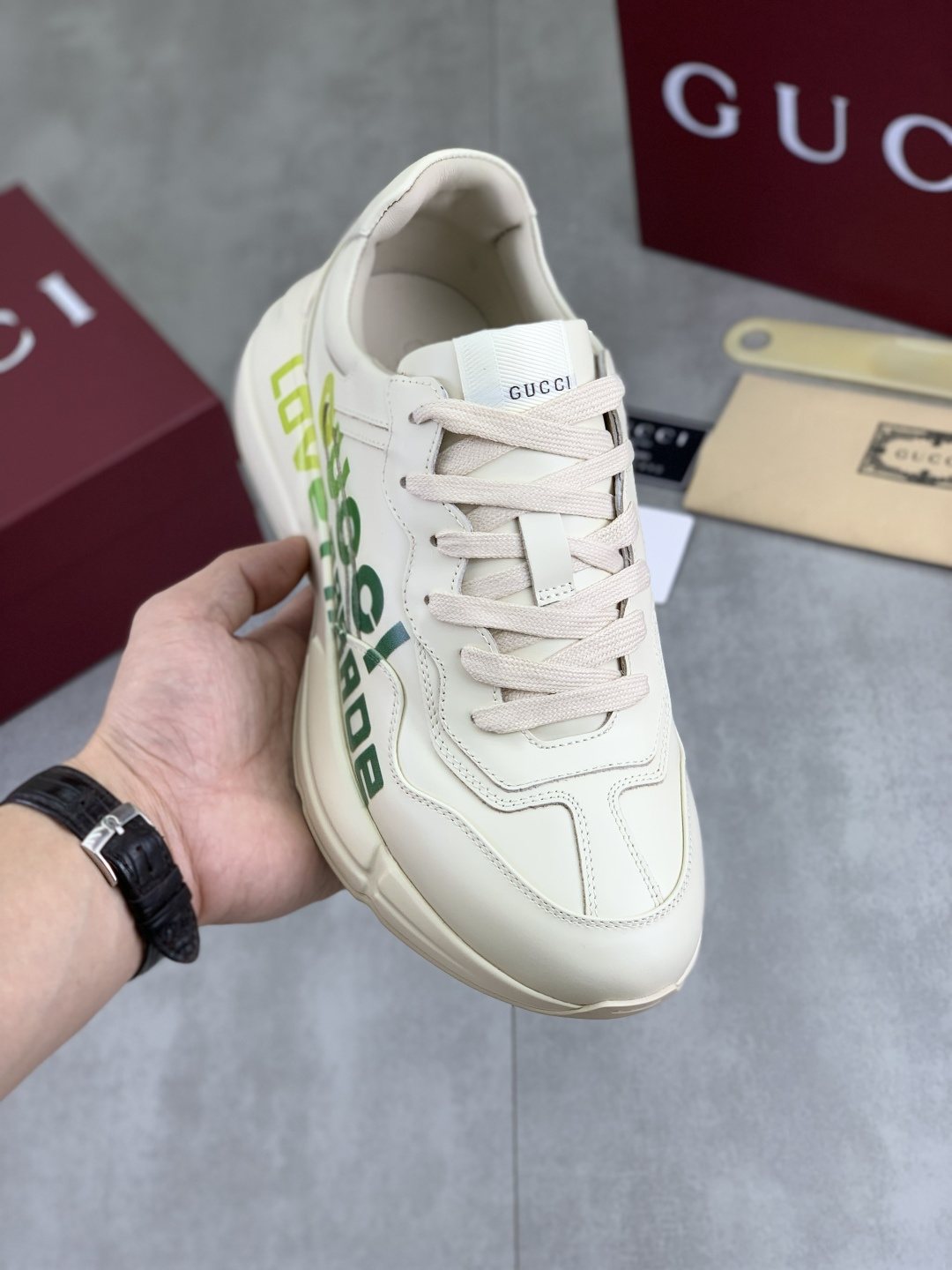 Gucci Cream and Green Chunky Sneakers