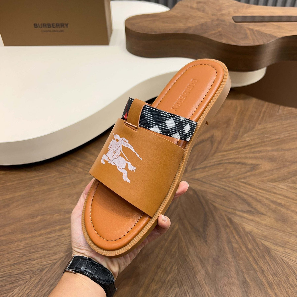 Burberry Checked Accent Slide Sandals