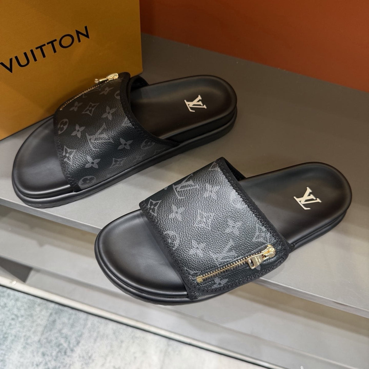 Louis Vuitton Black Monogram Strap Slide Sandals