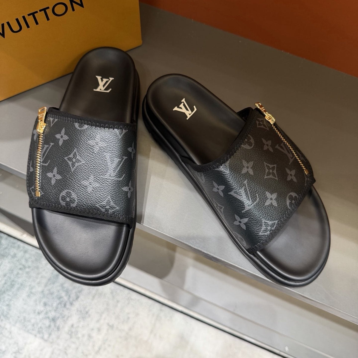 Louis Vuitton Black Monogram Strap Slide Sandals