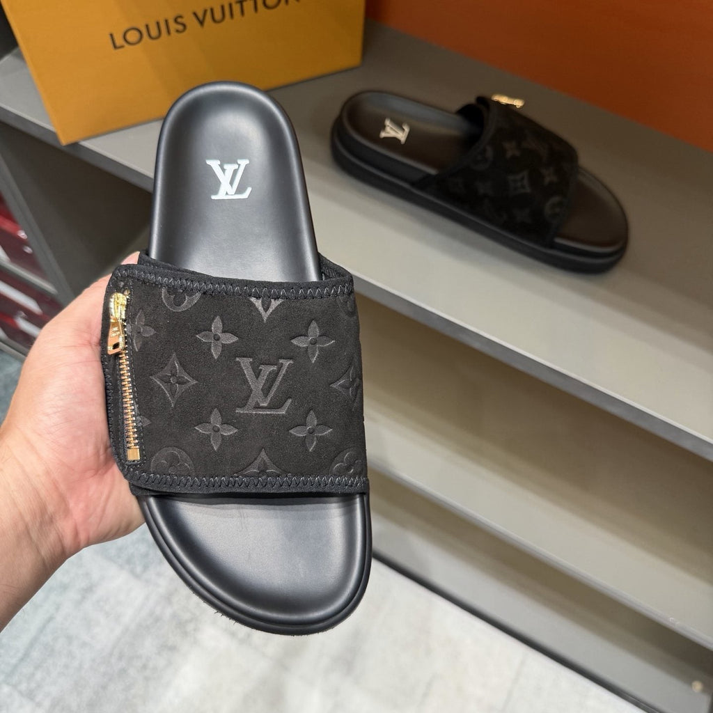 Louis Vuitton Black Monogram Strap Slide Sandals