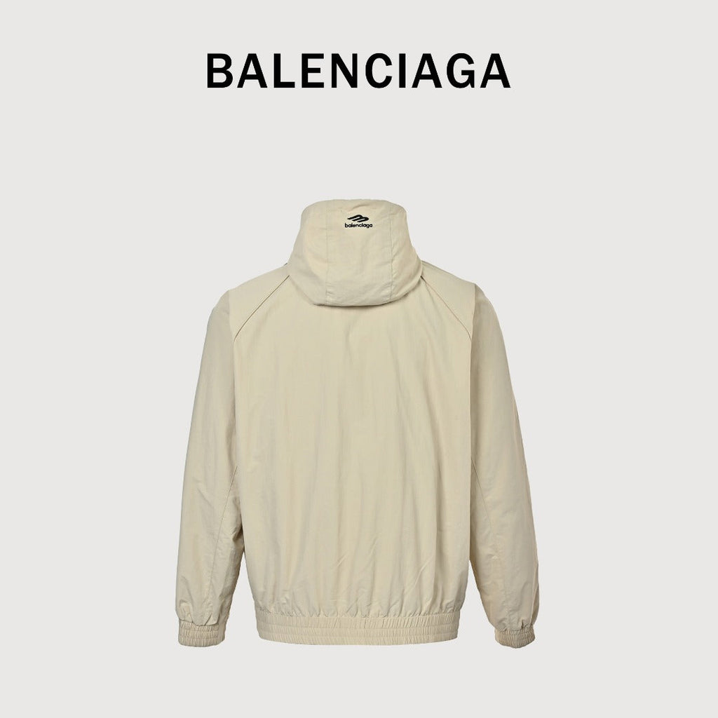 Balenciaga Side Woven Tape Chest 3M Embroidered Hooded Zip-Up Jacket — Ecru