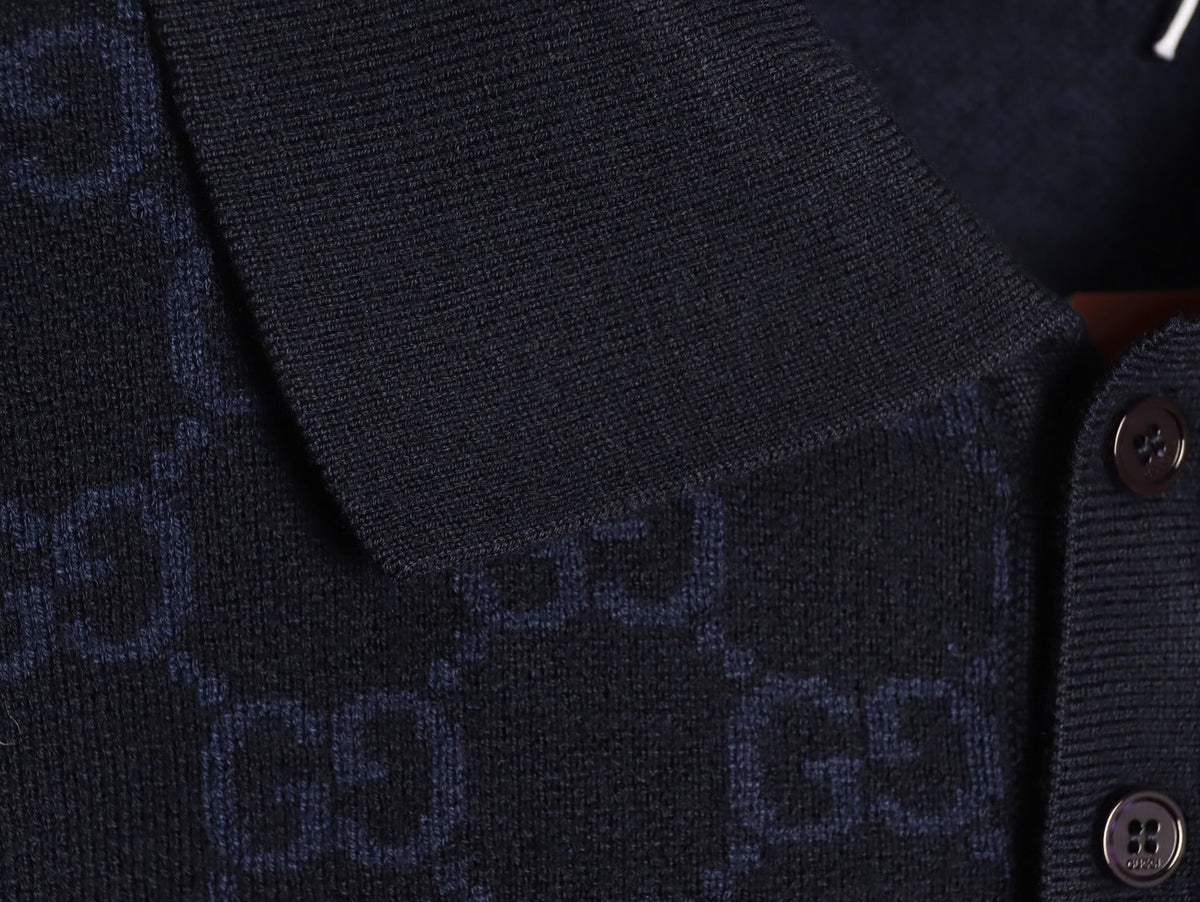 Gucci Tonal Allover-Pattern Short-Sleeve Knit Polo Shirt - Navy